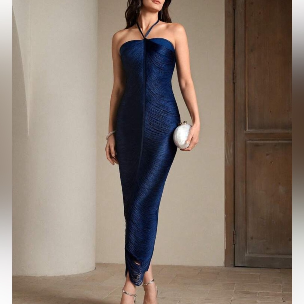 SHEIN Navy Blue Textured Midi Dress